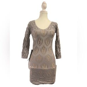 BeBe Grey Mini Dress. Body-con. Plunge -neck. P/S NWT